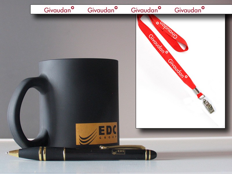 Для Givaudan и EDC Group: лента для бейджа, кружка, ручка
